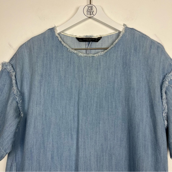 Zara Trafaluc Collection Chambray Short Sleeve Raw Hem High Low Denim Dress - Picture 3 of 7